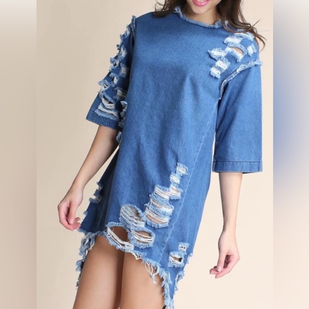 Kroix | Denim Blue Jean Destroyed Tie Dye Round Collar High Low Belted Dress M